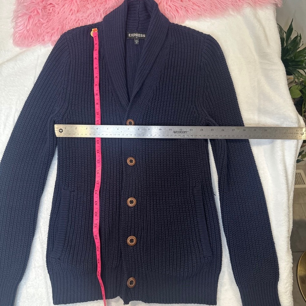 Express Fisherman Shawl Collar Cardigan Sweater Navy Blue Ribbed Knit MEDIUM - Picture 4 of 9